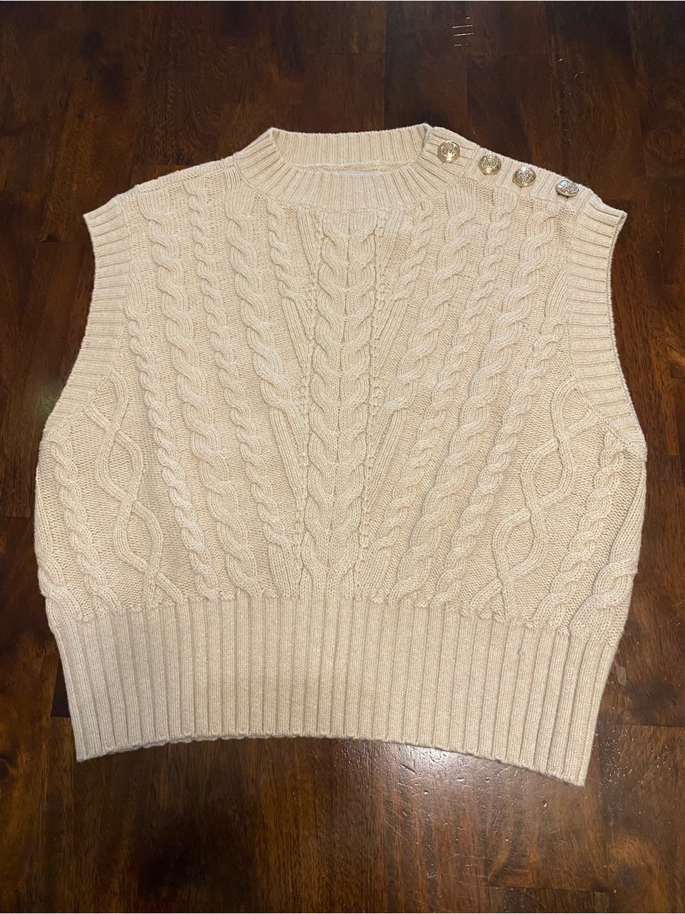 NWT LOFT Light Tan Cable Knit Sleeveless Sweater Vest with Gold Shoulder Buttons